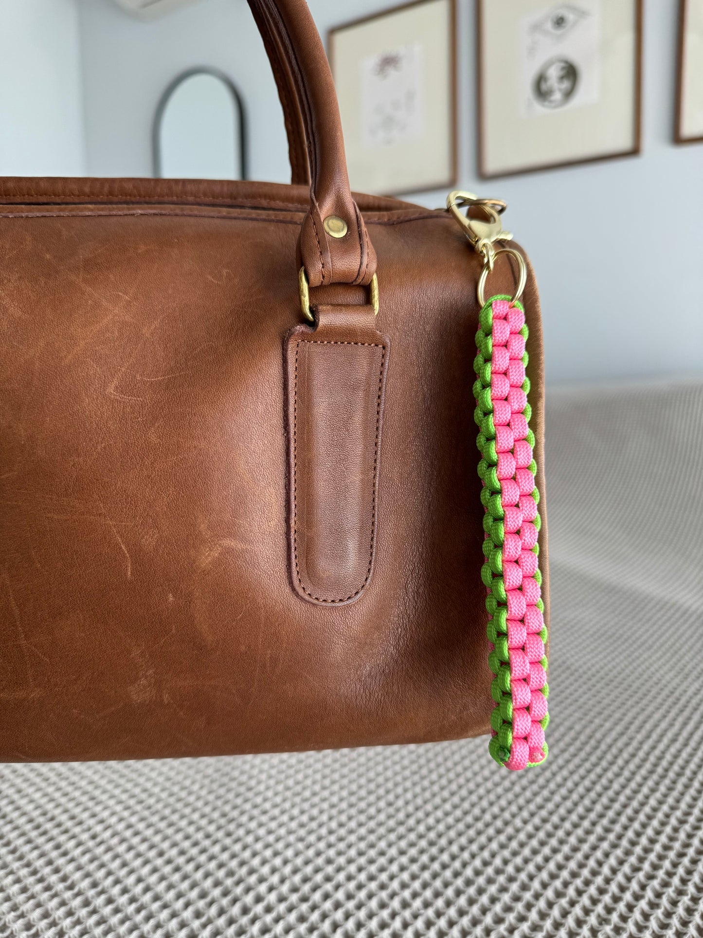 Custom pink and green cord bag charm