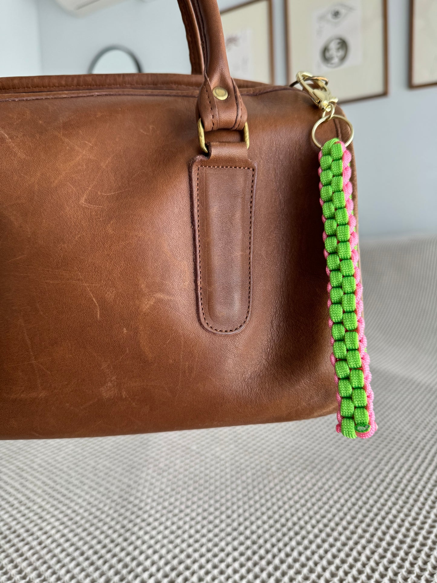 Custom pink and green cord bag charm