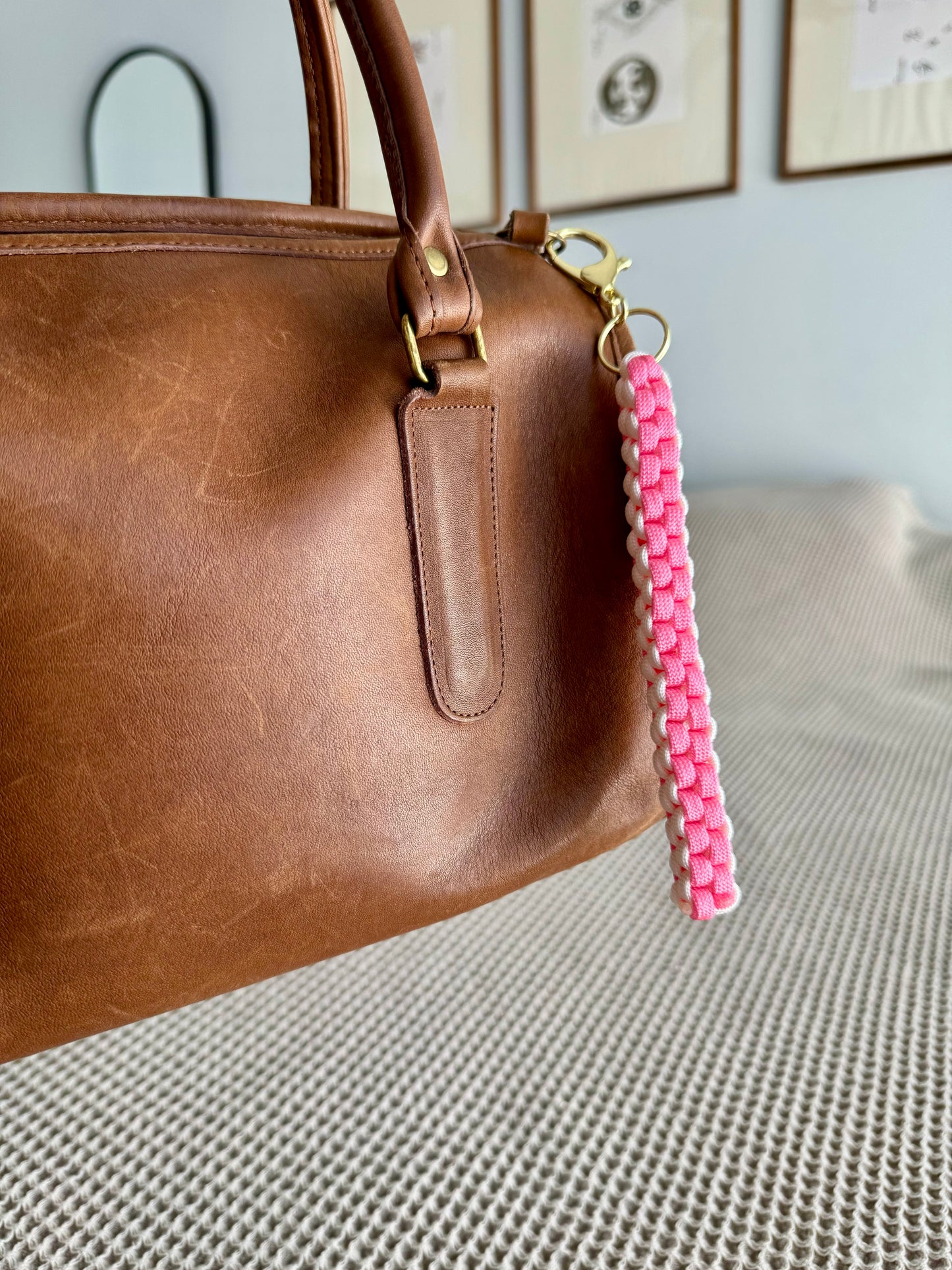 Custom pink and white cord bag charm
