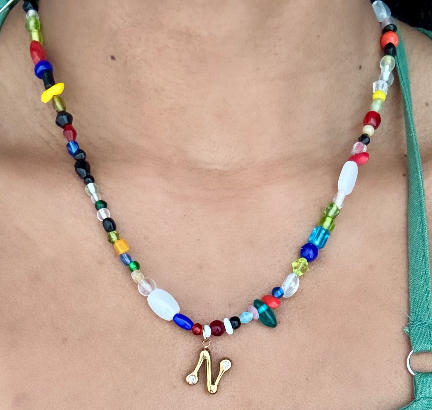 Colorful Glass Beaded Necklace With Gold Letter Pendant