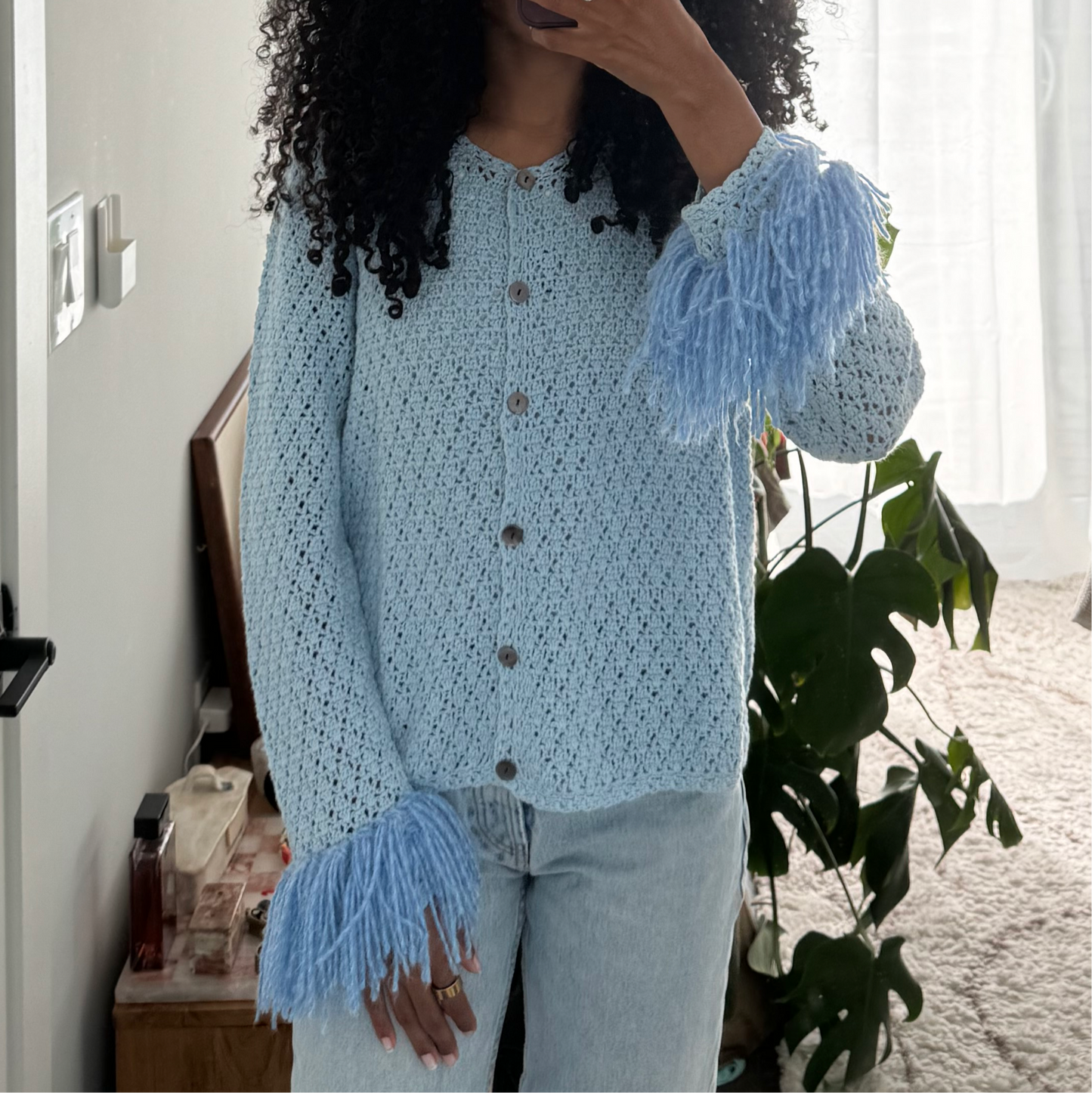 Blue Crochet Cardigan with Fringe Sleeves