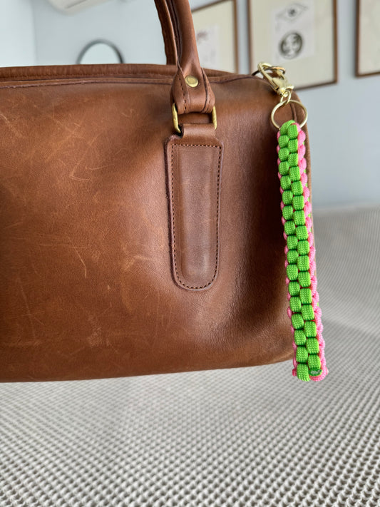 Custom pink and green cord bag charm