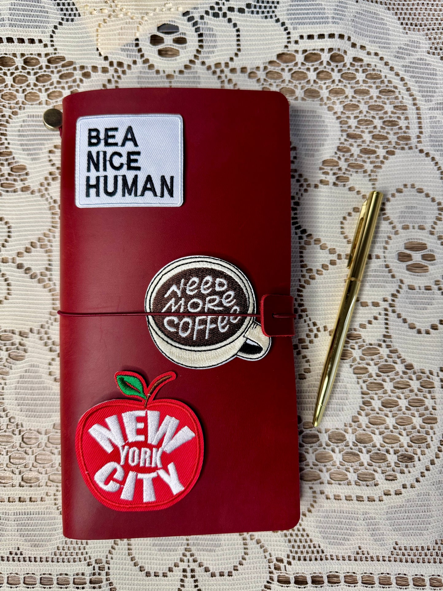 Custom Leather Travelers Journal With Patches, NYC Patch