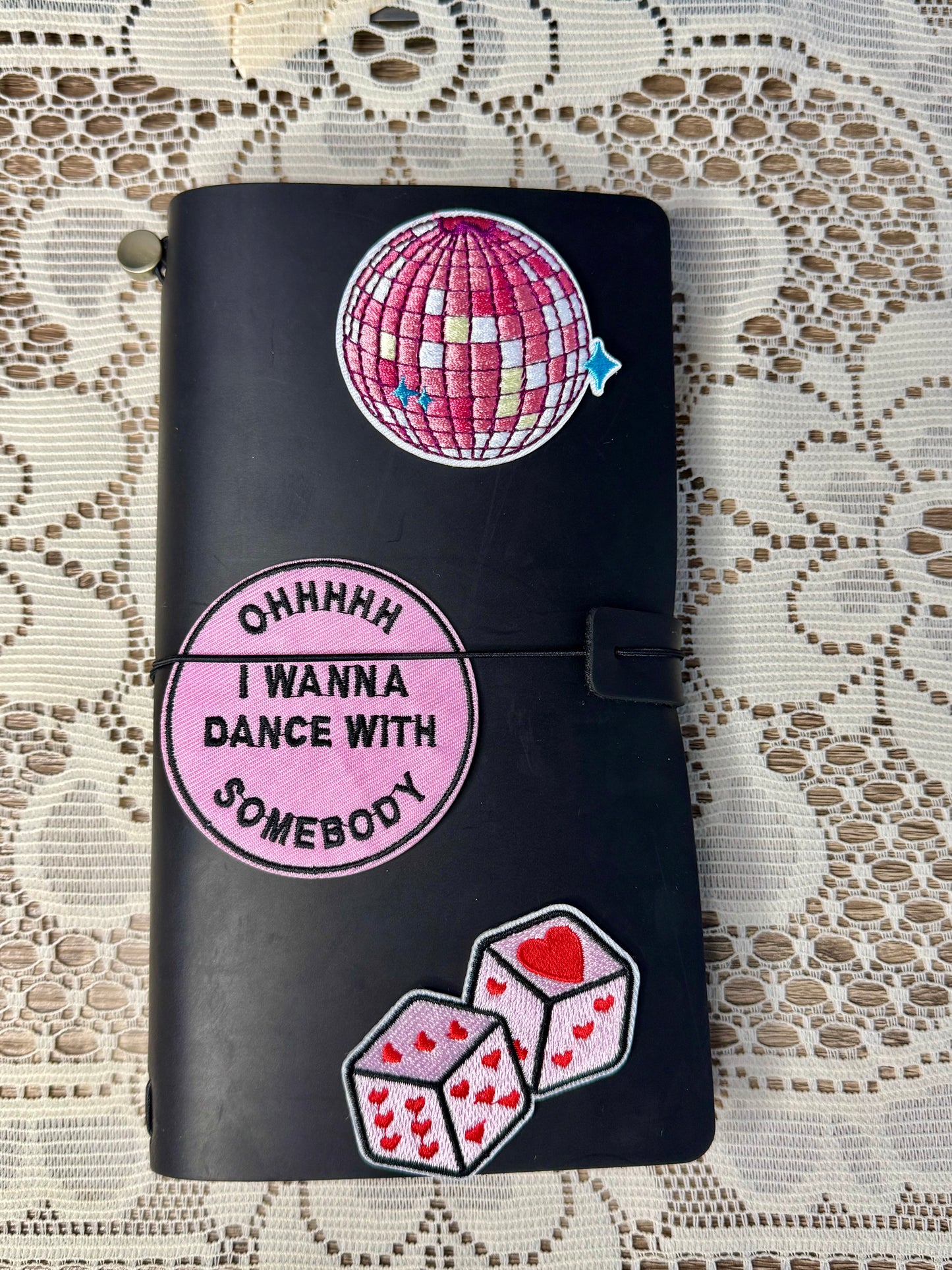 Custom Leather Travelers Journal With Patches, Pink Patches