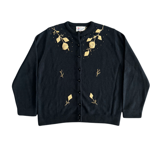 Vintage Black Cardigan with Gold Applique