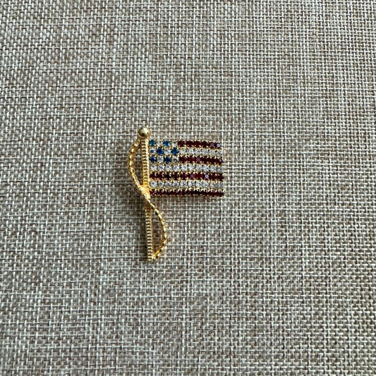 Vintage Gold Rhinestone American Flag Brooch