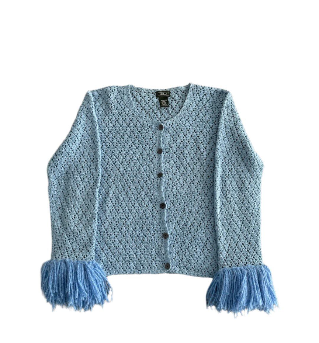 Blue Crochet Cardigan with Fringe Sleeves